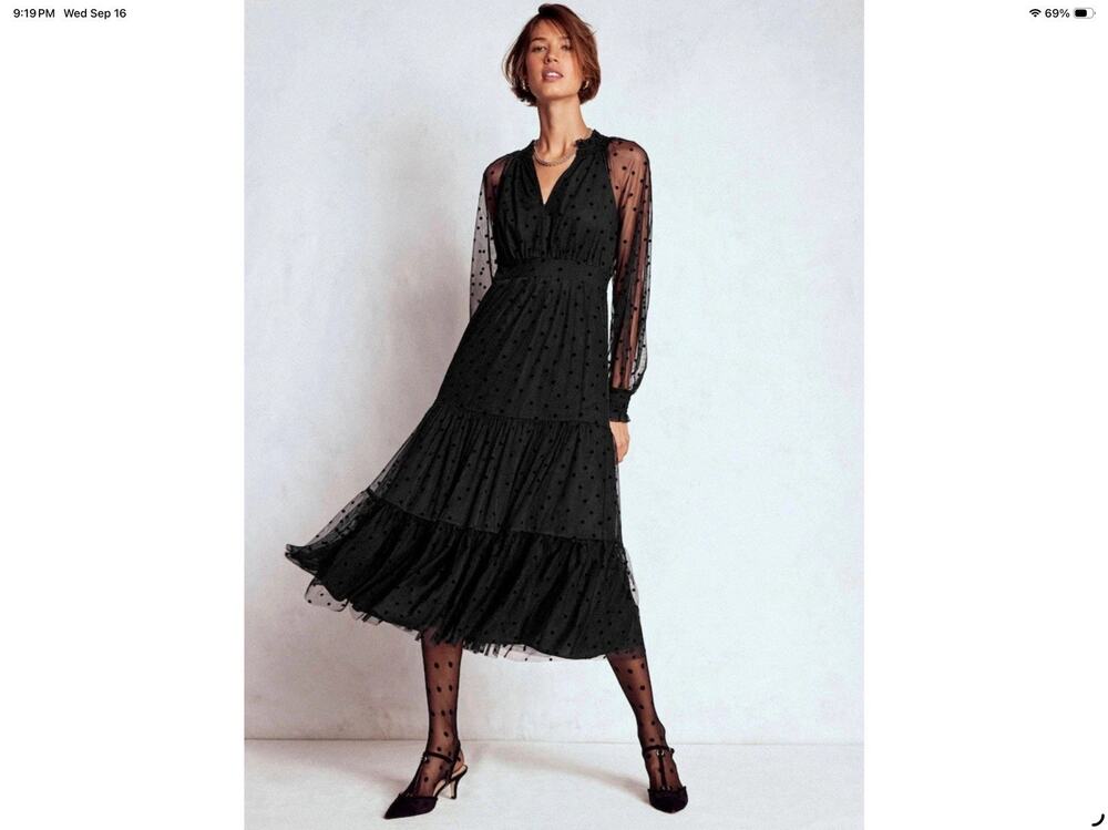 Boden Black Lucille Polka Dot Tulle Midi Dress Size 6P